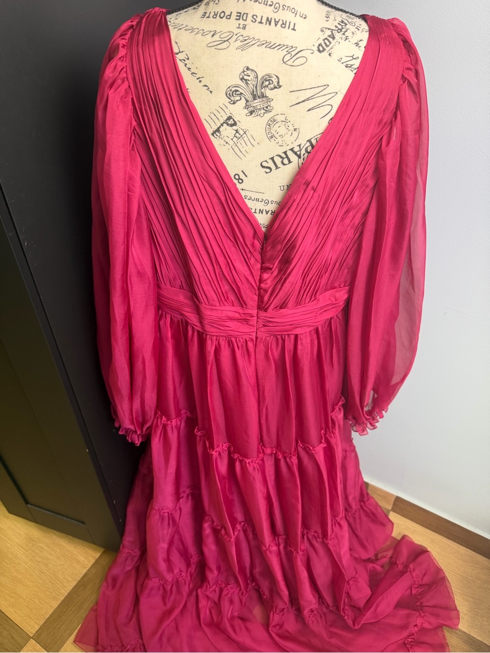 Mac Duggal Berry Ruffle Tiered Long Puff Sheer Sleeve A-Line Gown Size 16 NWT - Picture 9 of 16